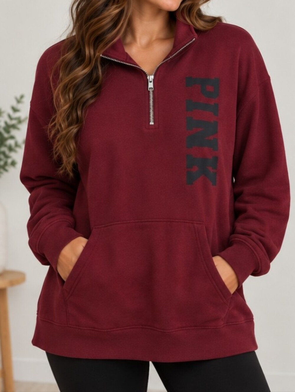 PINK Victoria's Secret Quarter-Zip Pullover Sweatshirt - Burgundy